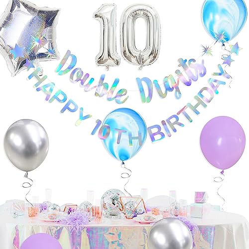 Miniatura 3 de Guirnalda iridiscente de doble dígito con texto en inglés "Happy 10th Birthday", guirnalda de globos de aluminio de 10 años para niñas y niños,