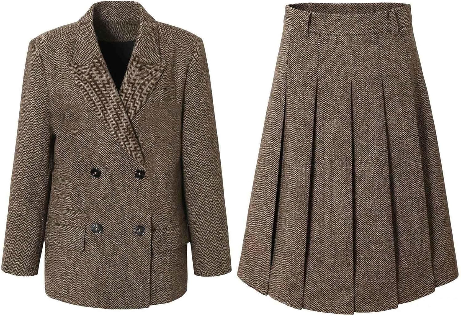Women's Vintage Herringbone Suit Double Breasted Jacket Skirt Peak Lapel Daily Outfit