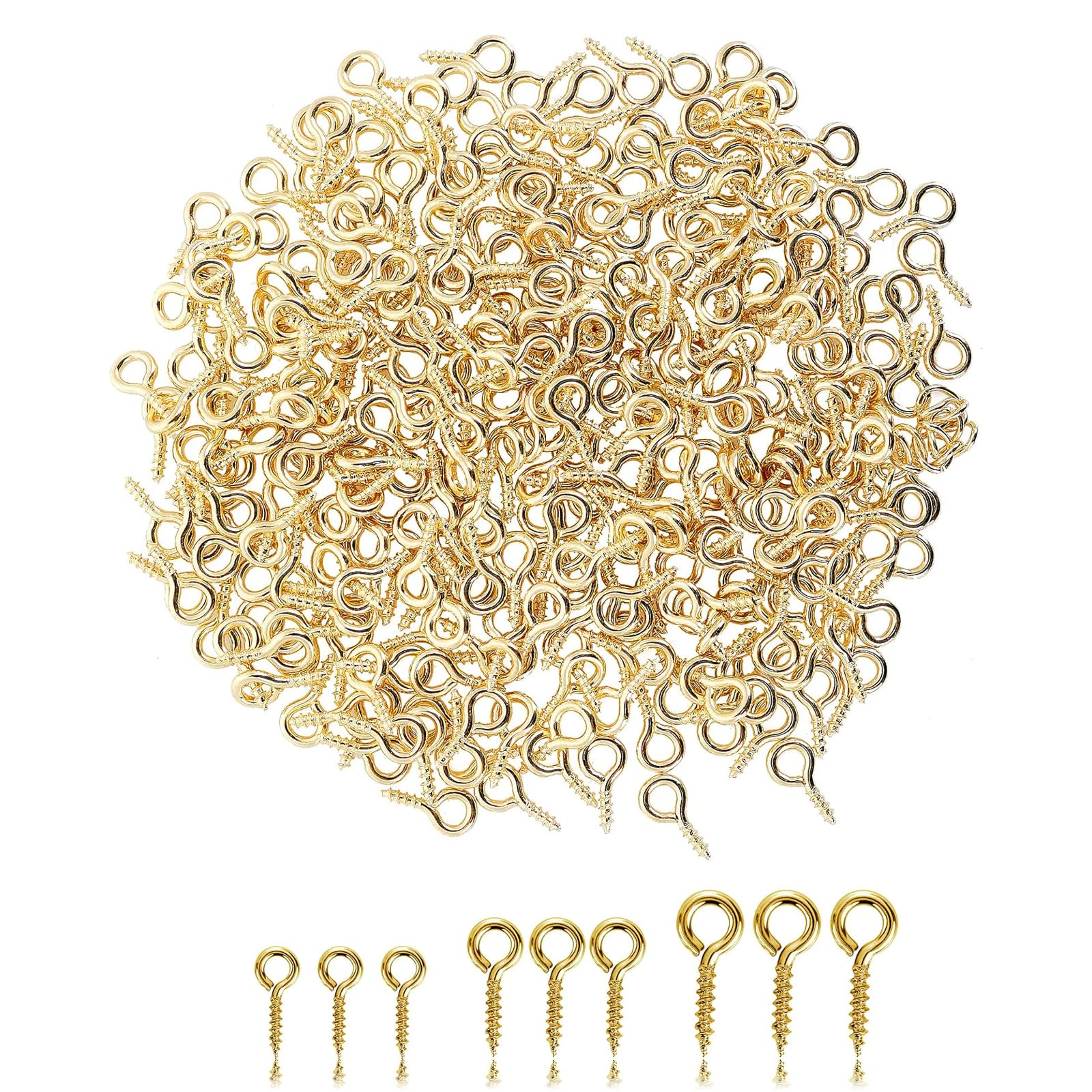 300 tornillos pequeños con ojal, tornillos de ojal con rosca de madera, ganchos de acero inoxidable para fabricación de joyas, manualidades, madera, manualidades, muebles (12, 10 y 8 mm, dorado