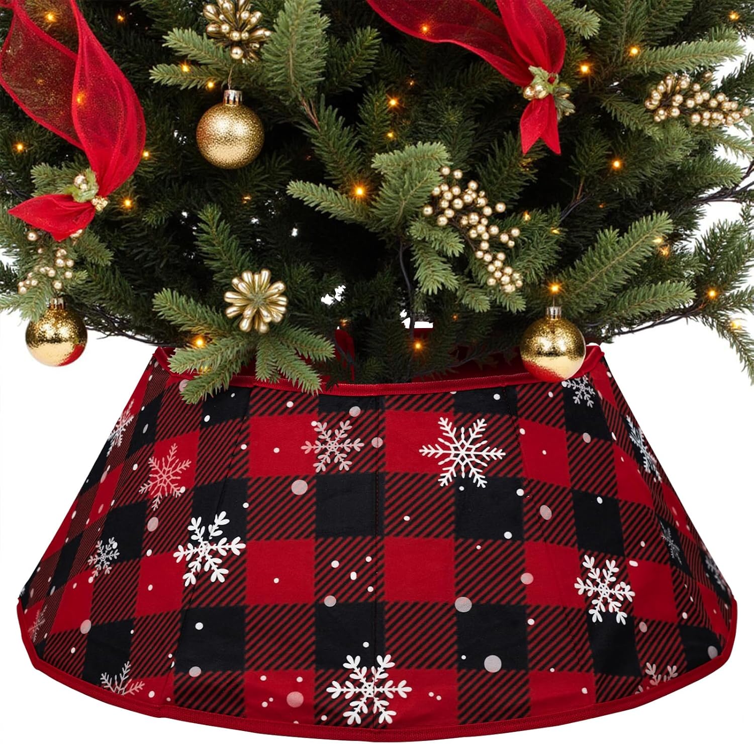 Christmas Tree Collar - 25.6" x 9.8" Patterned Tree Skirt/Base Collars, Foldable Red Plaid Xmas Christmas Tree Stand Cover for Holiday New Year Party Decoration