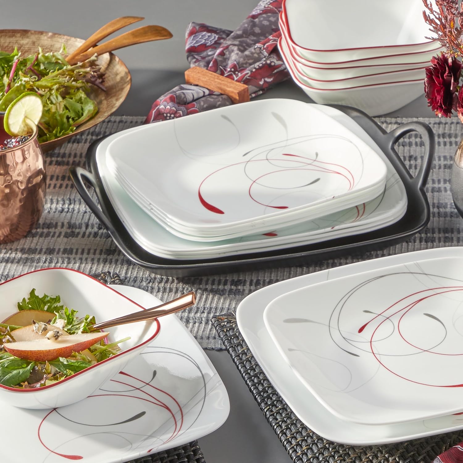 Corelle Vitrelle 18-Piece Service for 6 Dinnerware Set Triple Layer Glass and Chip Resistant, Lightweight Square Plates and Bowls Set, Splendor