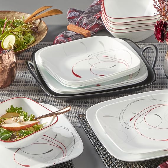Corelle Vitrelle 18-Piece Service 6-Piece Dinnerware Set, 3-Ply Glass and Chip Resistant, Lightweight Square Plate and Bowl Set, Amazing