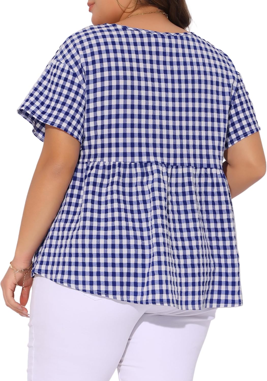 Agnes Orinda Plus Size Gingham Tops for Women 1950s Plaid Short Sleeve V Neck Summer Babydoll Peplum Top Blouse - Image 4