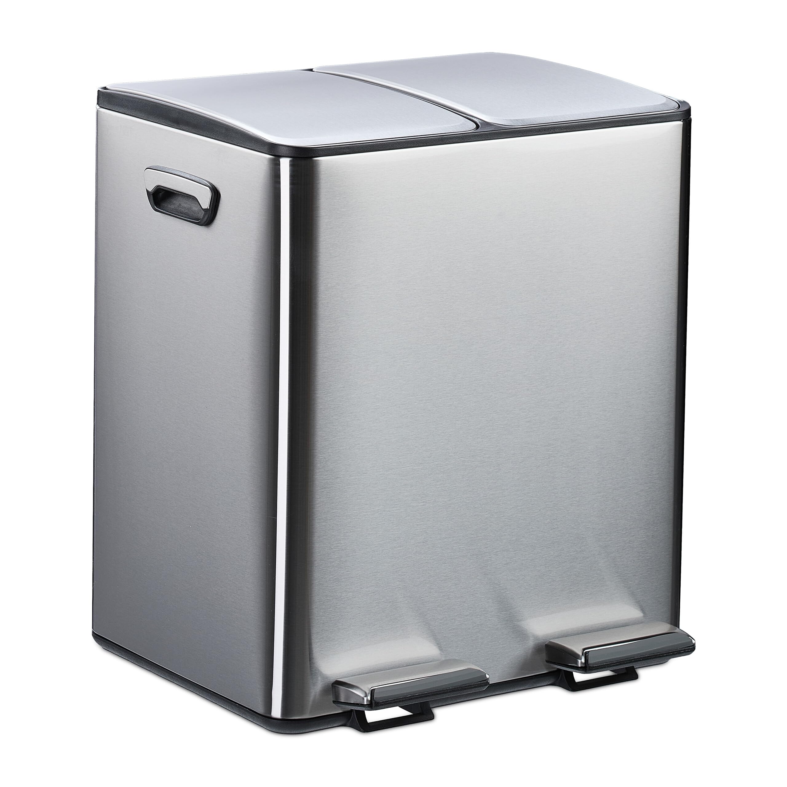Relaxdays Pattumiera a Pedale da Cucina, 2 Scomparti 15 L Raccolta Carta e Plastica, Coperchio Silenziosa, Argentato