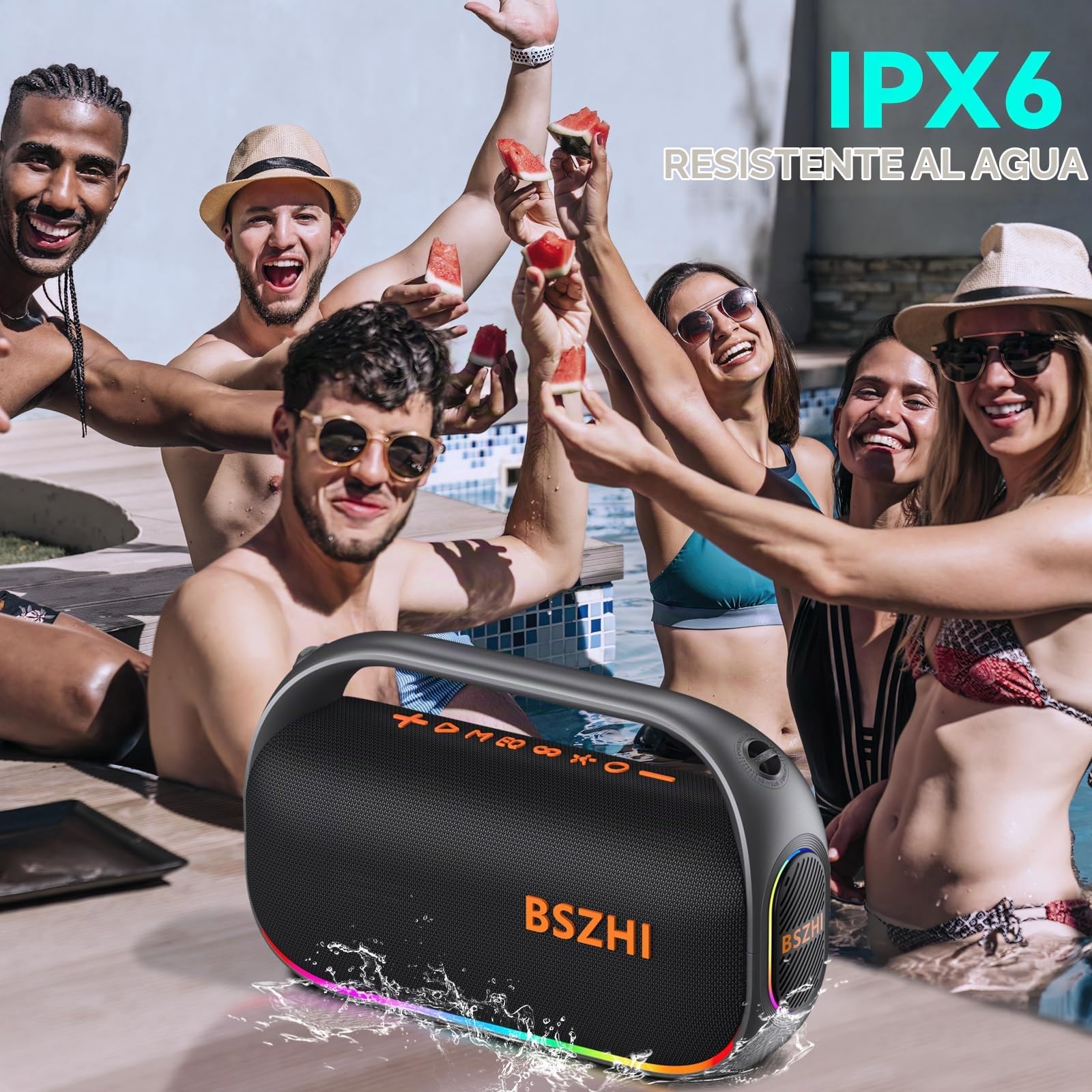Altavoz Bluetooth de 80 W (pico de 120 W), potente, portátil, resistente al agua IPX6, inalámbrico, TWS, para exteriores, fiestas, viajes y acampadas en la playa, con luz, BT5.0, tarjeta USB/TF, AUX.