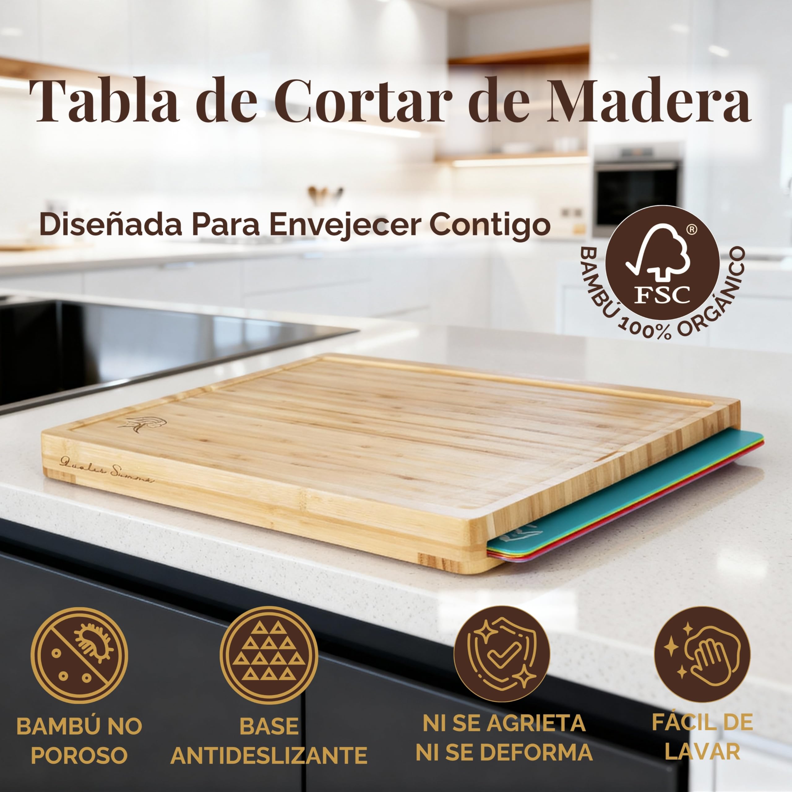 Tabla de Cortar Antibacteriana - 6 Tablas de Cocina en 1 - Tabla para Cortar Cocina - Tabla Cortar Bambú - Sin BPA - 5 Láminas para Evitar la Contaminación Cruzada - Qualis Summa