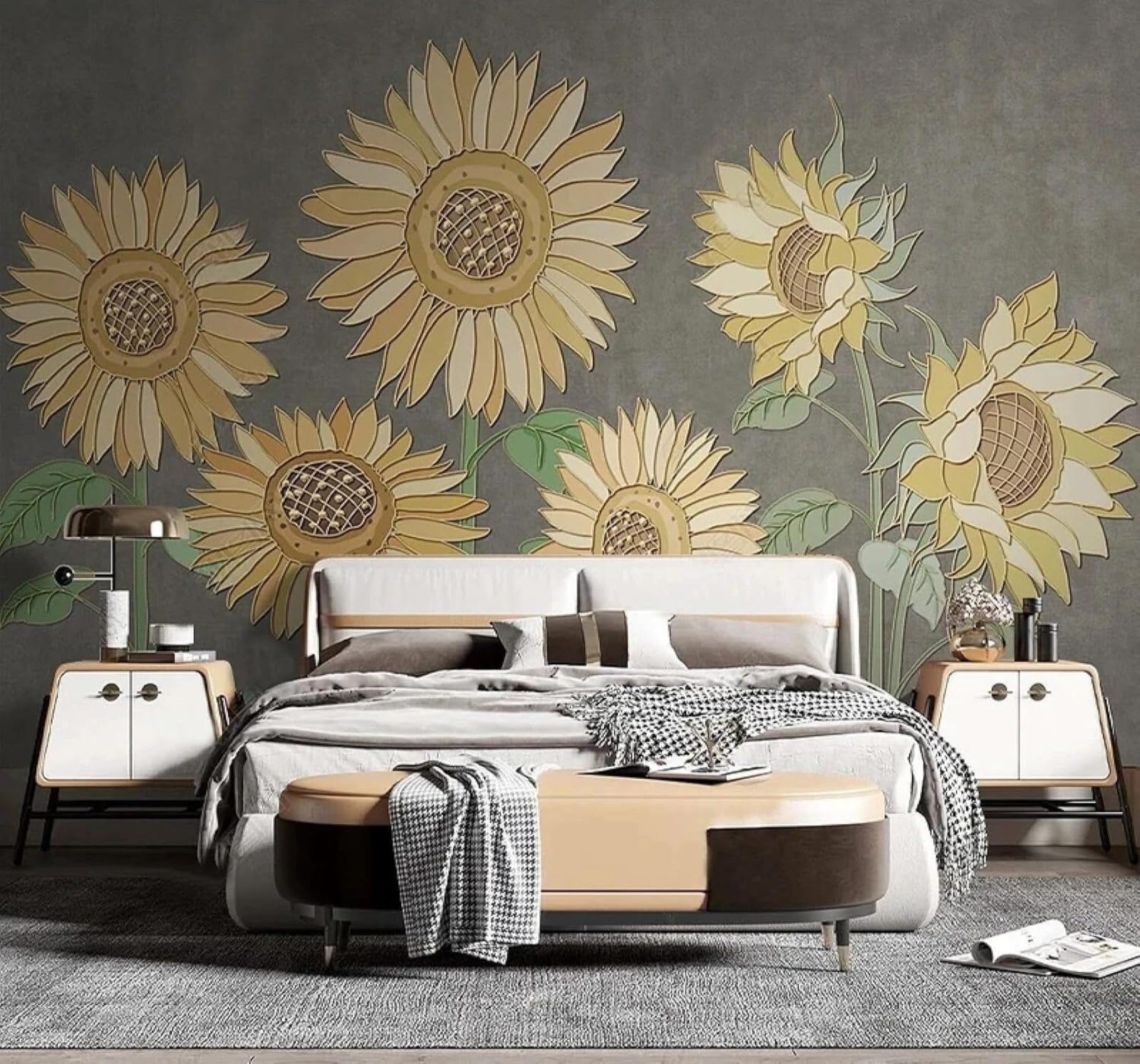 XLMING Retro Hand Drawn Plants Sunflowers Flowers 3D Wallpaper Silky Texture Home Study Office Grey Dining Room Sofa Bedroom Living Room TV Backdrop-350cm×256cm