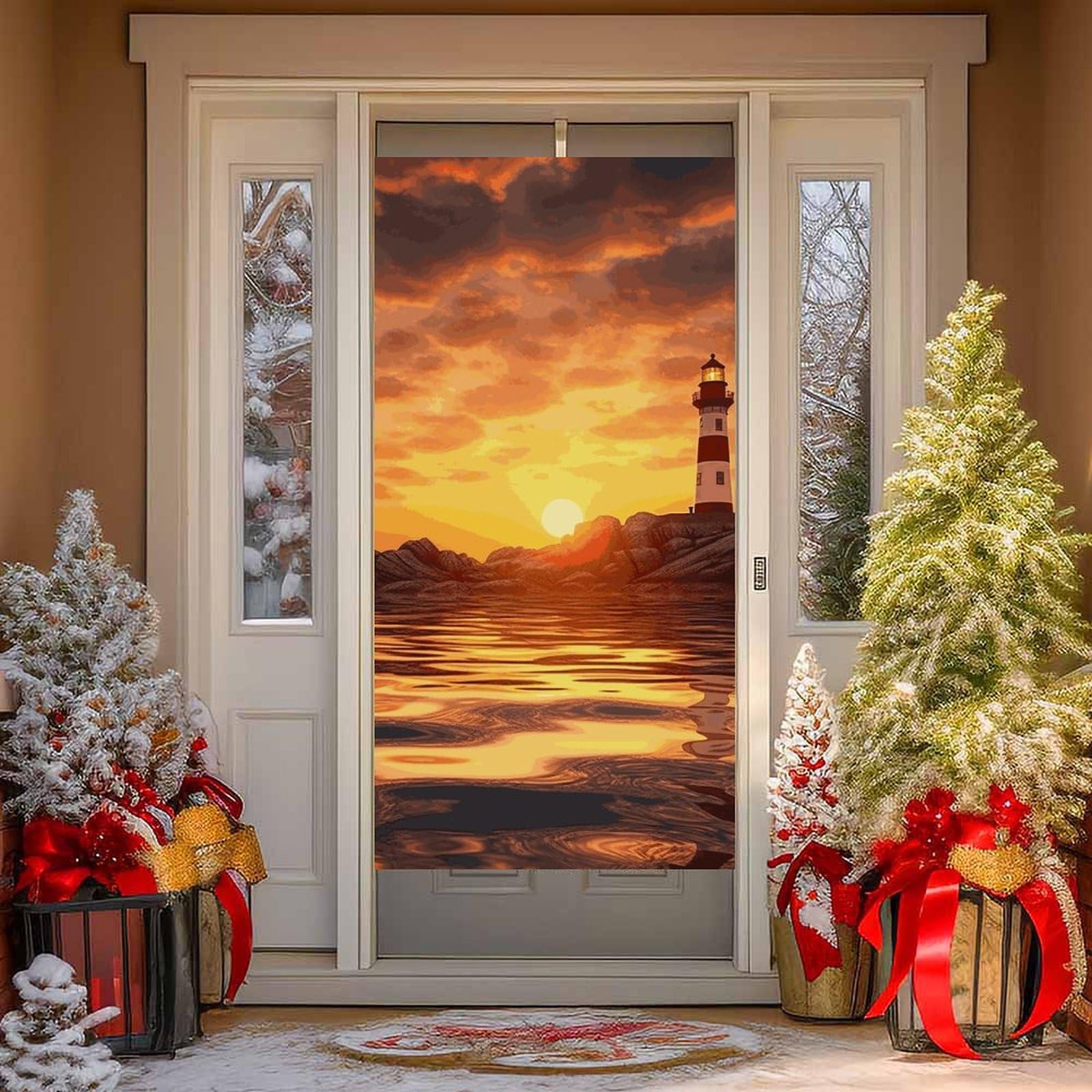 NONHAI Sea Lighthouse in Sunset Door Cover Decoration Welcome Door Banner Porch Sign Photo Background DoorCurtains for Doorway Privacy Window Curtain Porch Cover Indoor Outdoor Decor 70.9x35.4in