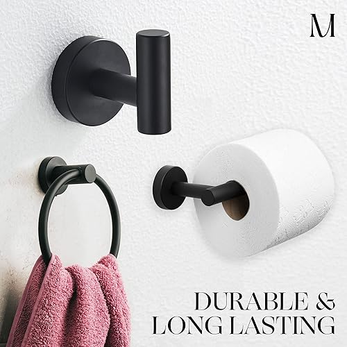 Miniatura 3 de Marmolux Acc - Juego de accesorios de baño de 3 piezas con soporte para papel higiénico negro mate, anillo de toalla y gancho para toallas - Juego