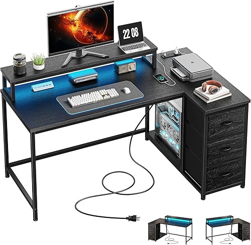 Miniatura 9 de EnHomee Escritorio para juegos en forma de L con luces LED y toma de corriente, escritorio de computadora de 40 pulgadas con cajones, escritorio