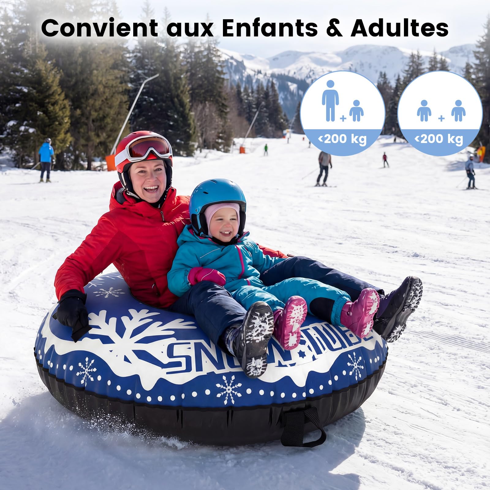 COSTWAY Luge Bouée Gonflable de 107 cm, Traîneau à Neige Robuste avec Sangle de Remorquage Amovible Fond Épaissi Valve 3 en 1 Poignées, Jouets Amusants d'hiver pour Enfants Adultes