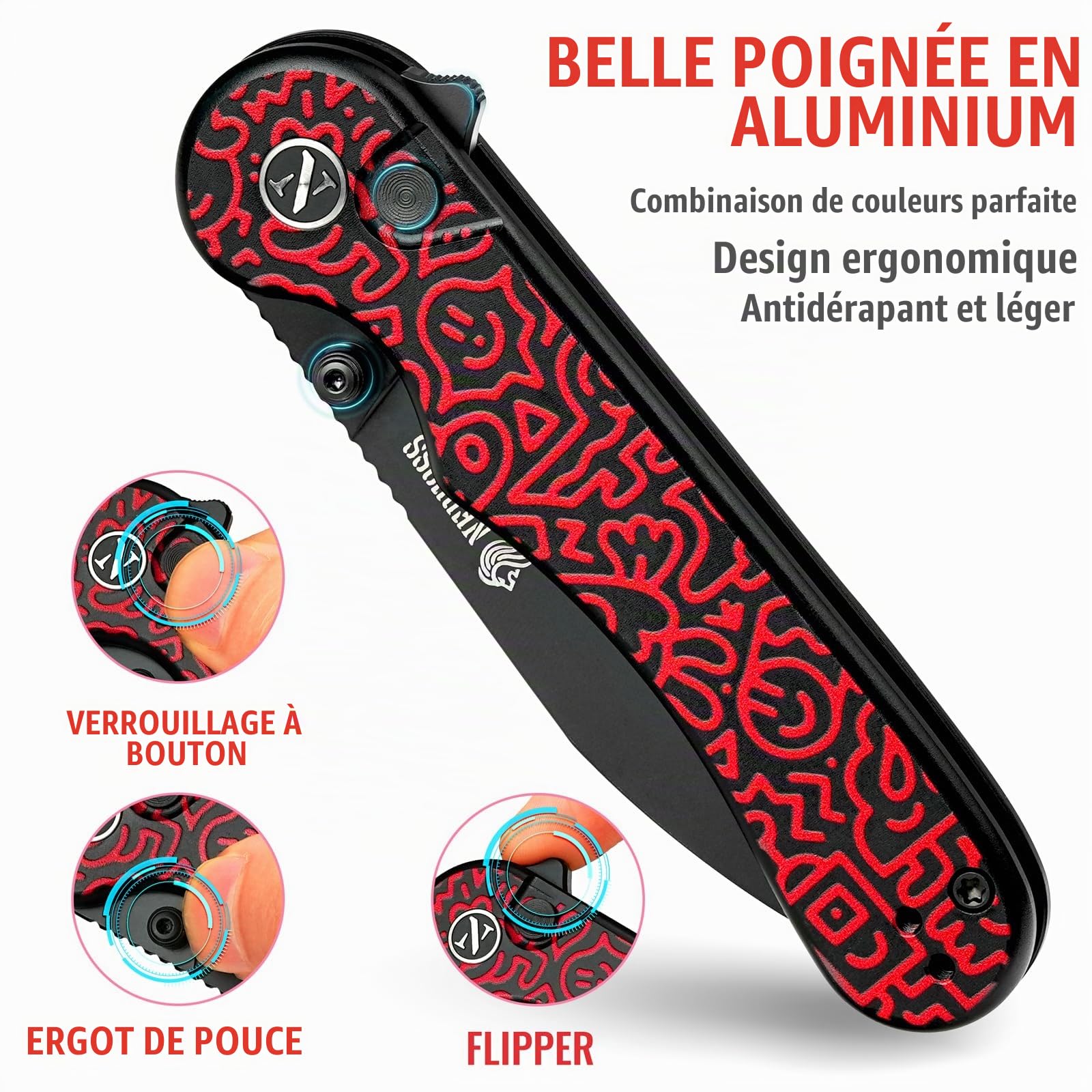 NedFoss FORTUNE couteau pliant, 14C28N acier couteau survie, Longueur lame 7.5 cm, revêtement titane bleu, manche g10 avec clip ceinture, mini couteau de poche