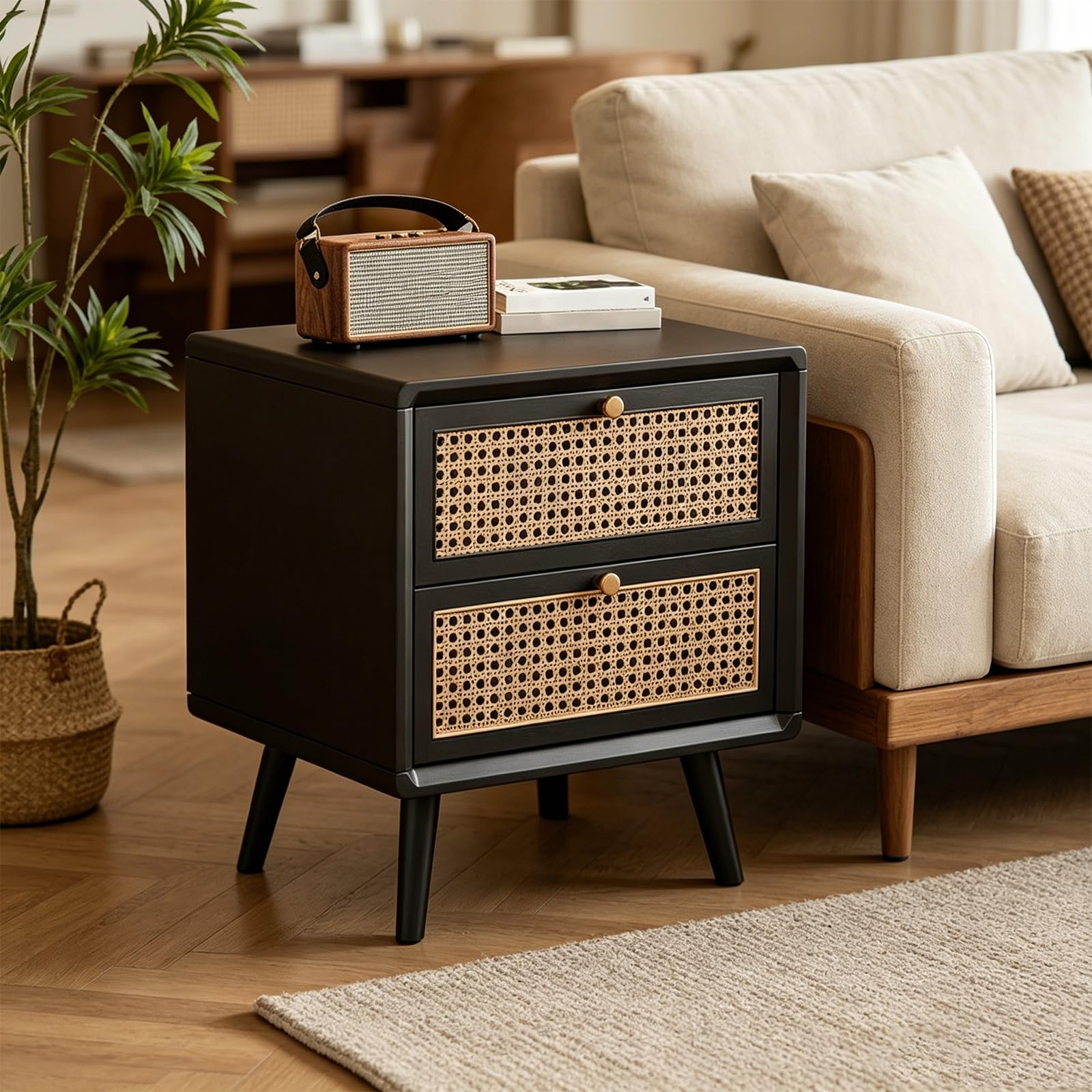 Comodino con 2 Cassetti in Rattan, Tavolino da Notte in Legno Massello, Design Minimalista per Camera da Letto, Mobiletto Moderno(Yellow,43cm/16.9in)
