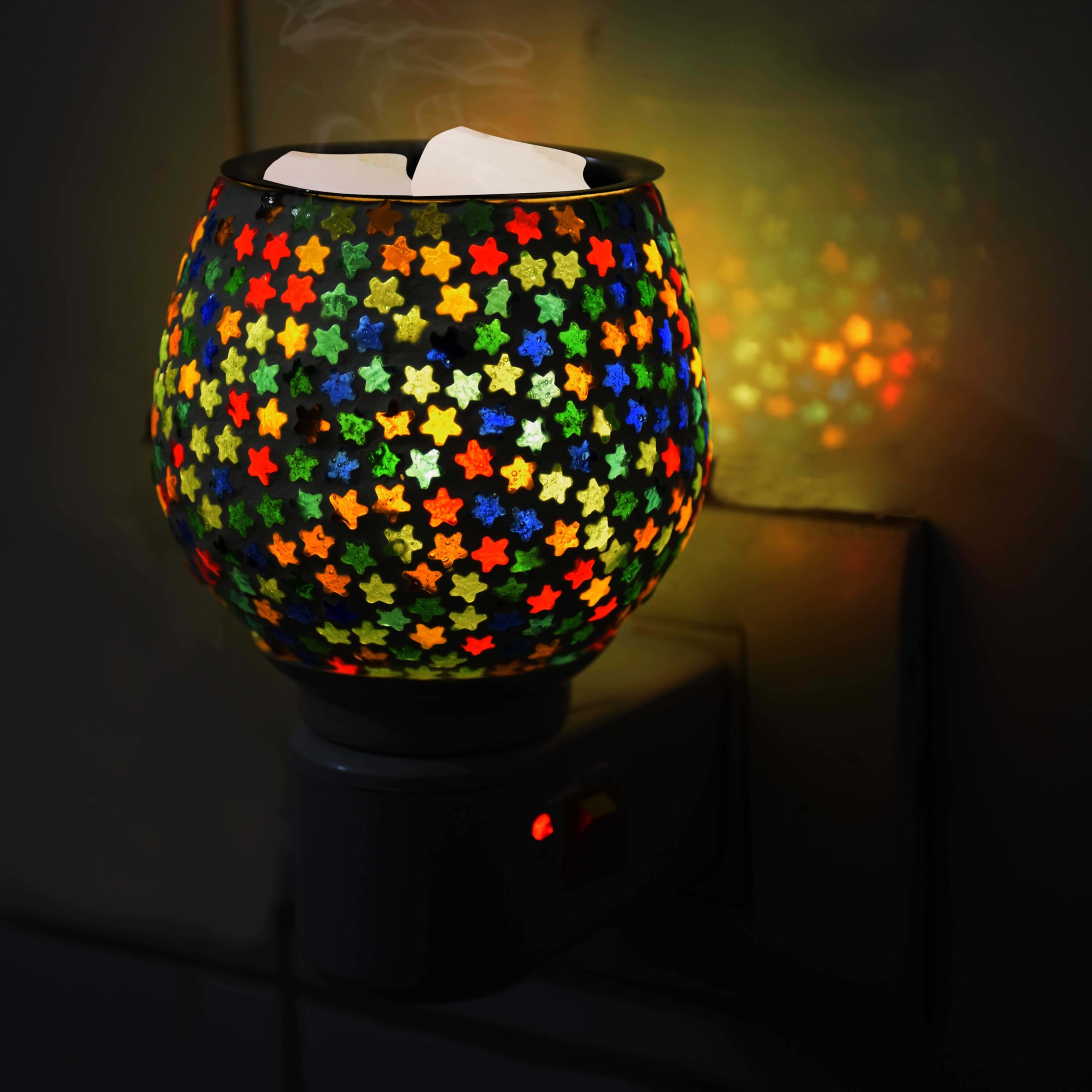 Pure Source (India) Electric Aroma Diffuser | Kapoor Dani Cum Night Lamp Multi Functional Essential Oil Camphor Burner for Fragrance with Switch On/Off Button for Heating (Small Stars - Round)