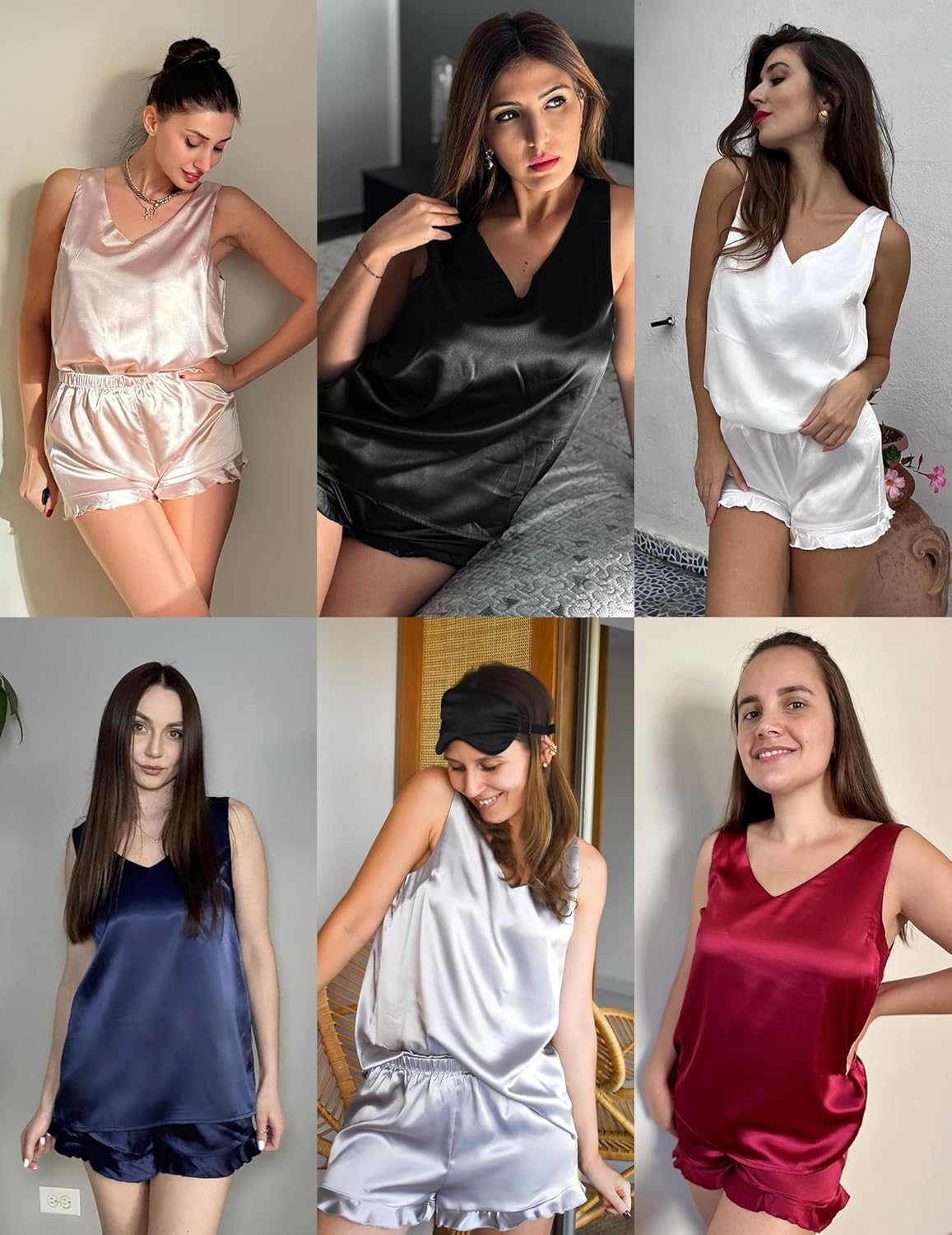 Ekouaer Womens Silk Pajamas Set 2 Piece Satin Camisole Pjs V Neck Tank Top and Shorts with Ruffle Sleepwear - Image 5