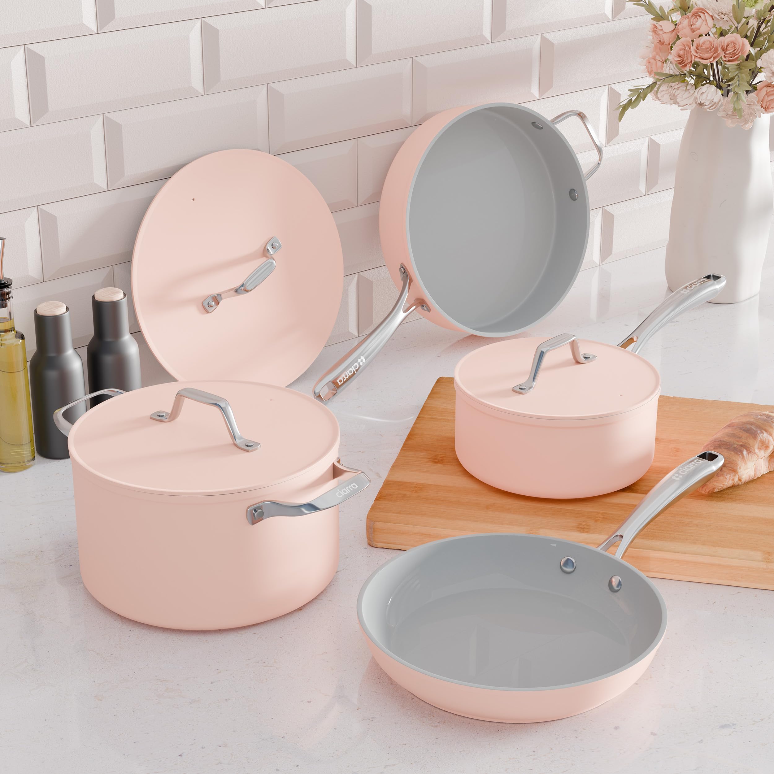 Ciarra Beyond - Batterie de Cuisine - Set de 4 Pièces - Poêle à Frire 26cm - Sauteuse 28cm/4.2L- Cocotte 24cm/5.9L - Casserole 20cm/ 2.8L - Revêtement Antiadhésif - Tous Feux dont Induction-Rose
