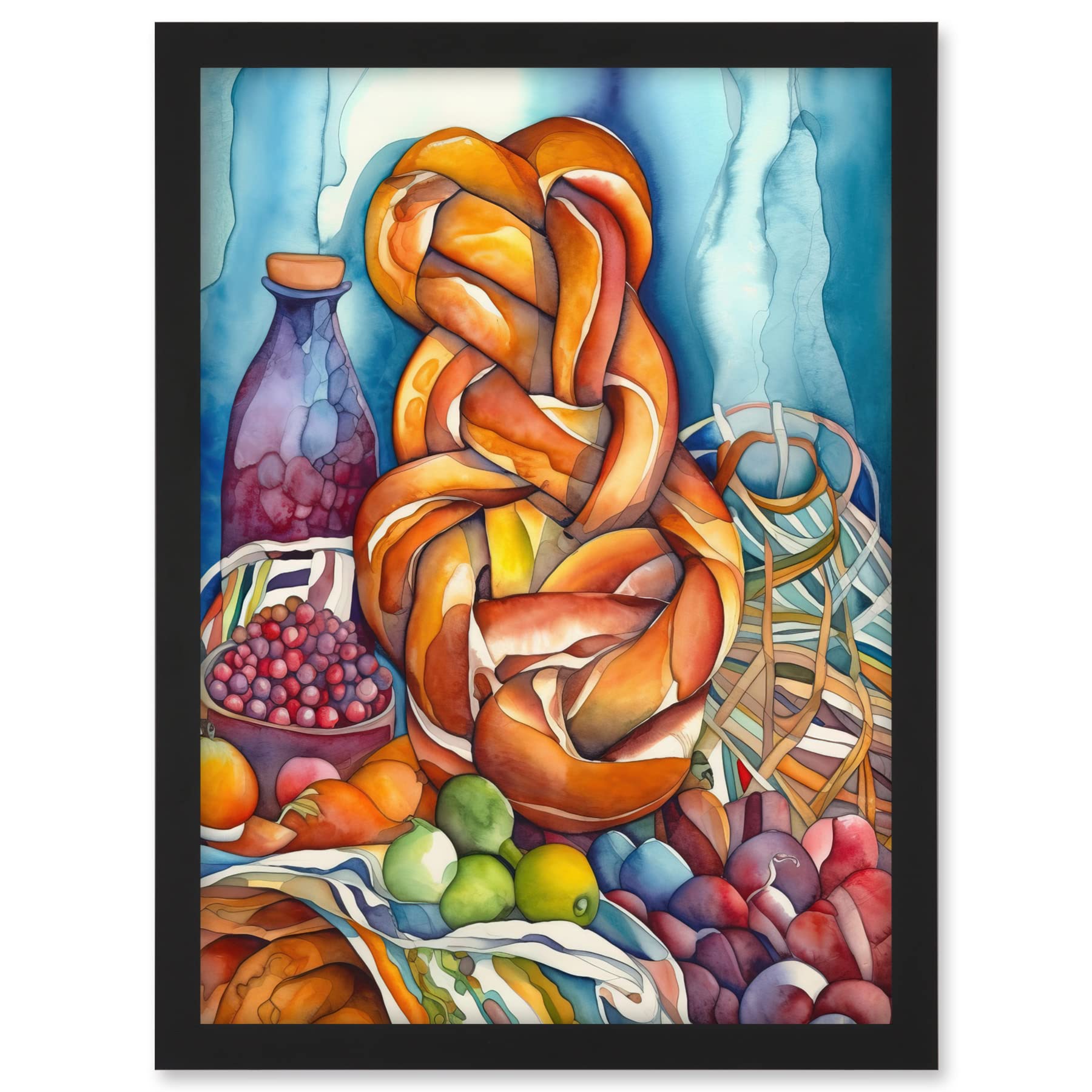 Artery8 Jewish Challah Bread And Fruit Folk Art Watercolour Painting Artwork Framed A3 Wall Art Print