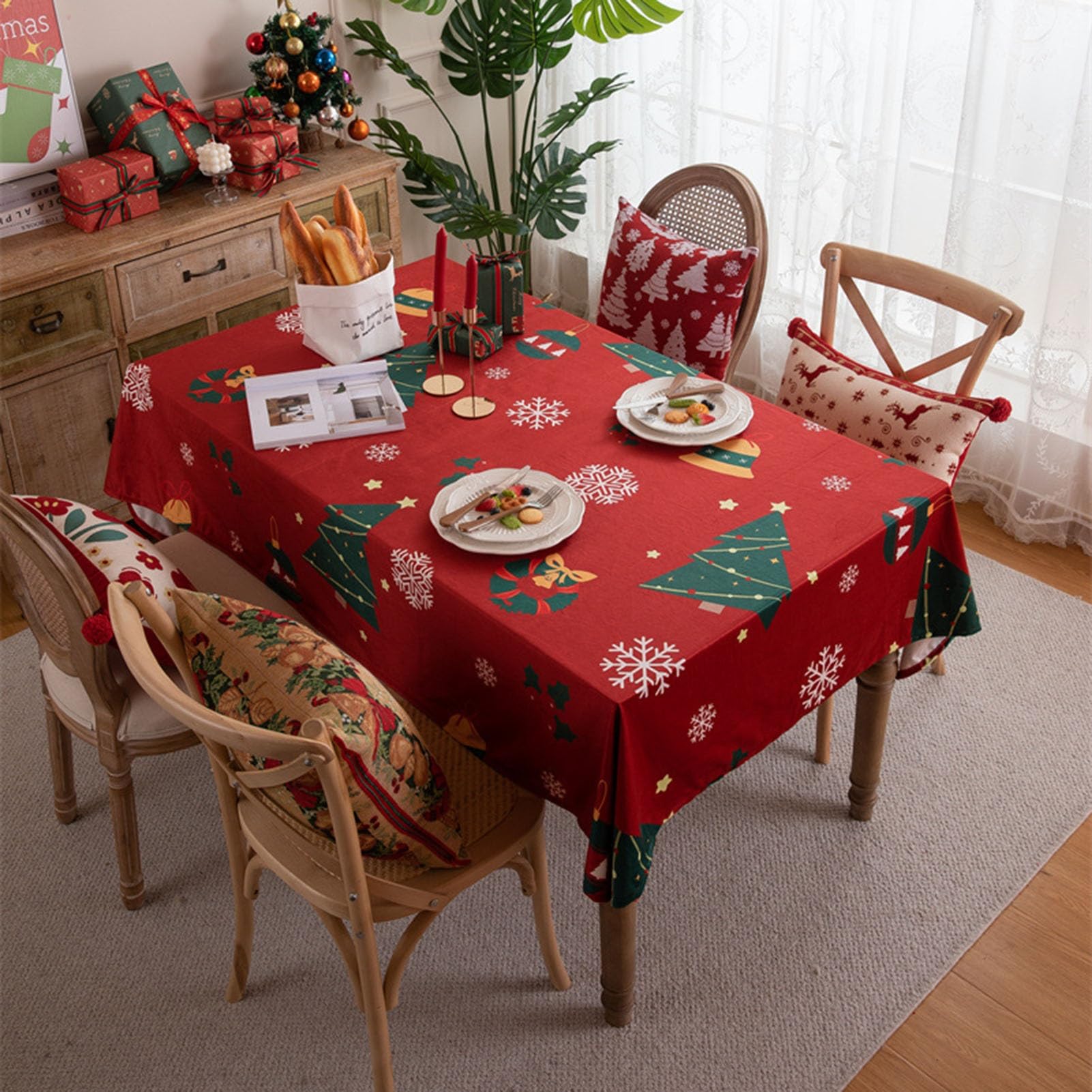 Nappe rouge Noël rectangulaire lavable imprimé flocon de neige en tissu pour table de fête