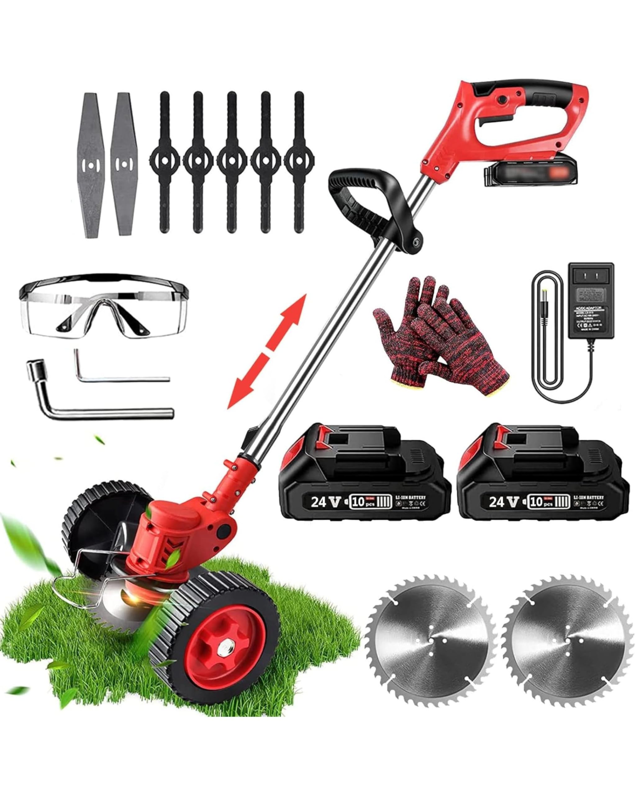 Electric Wireless Rechargeable Edge Cutter 24V - 25cm Cutting Width | 2-in-1 Mower & Trimmer | Adjustable Height | 3 Blade Types | Lightweight & Portable | Lawns & Gardens