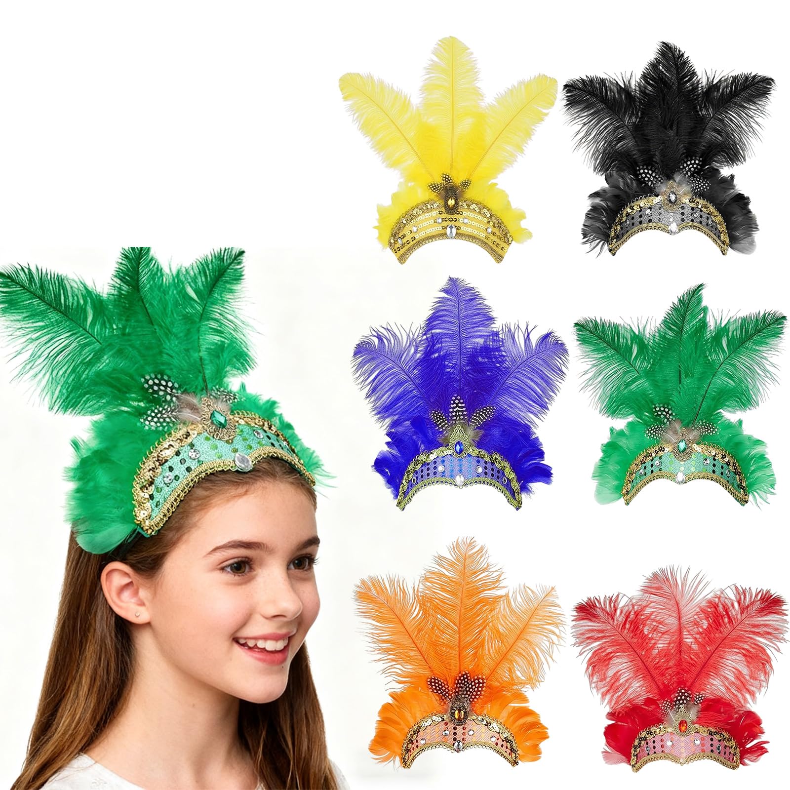 FUNLOV Feather Headpiece for for Women Girls, Women's Carnival Feather Headpieces Sequin Headdress for Wedding, Masquerade Party, Cosplay, Showgirl Headbands Accessories (Green)