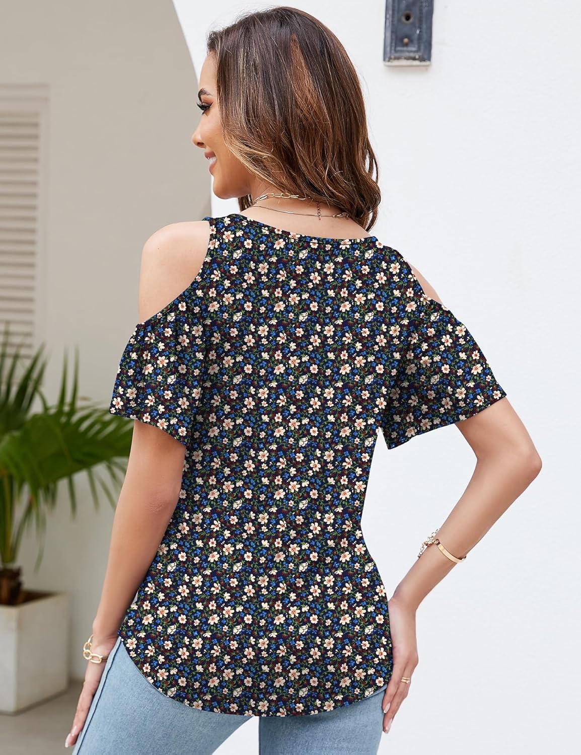 Micoson Cold Shoulder Tops for Women Summer Short Sleeve Shirts Ladies Floral Ruched Blouse Classic Cute V Neck Tunic - Image 5
