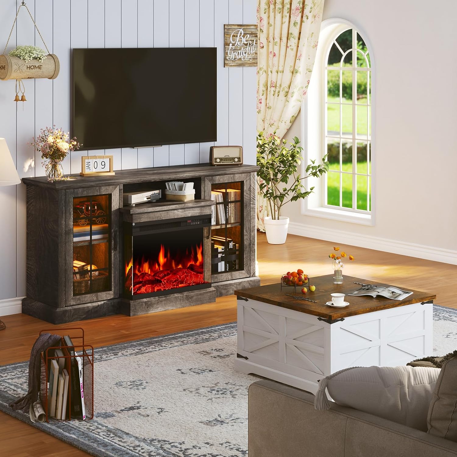 59'' Fireplace TV Stand, 3 Sided Glass Media Entertainment Center Console Table for TVs up to 65'' with Glass Door, Adjustable Flame LED Color for Living Room, Gray
