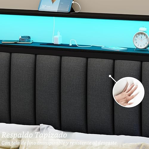 Miniatura 8 de Furnulem Base de cama de tamaño matrimonial con estación de carga y luces LED, cama de plataforma con listones de metal, cabecera tapizada gris con