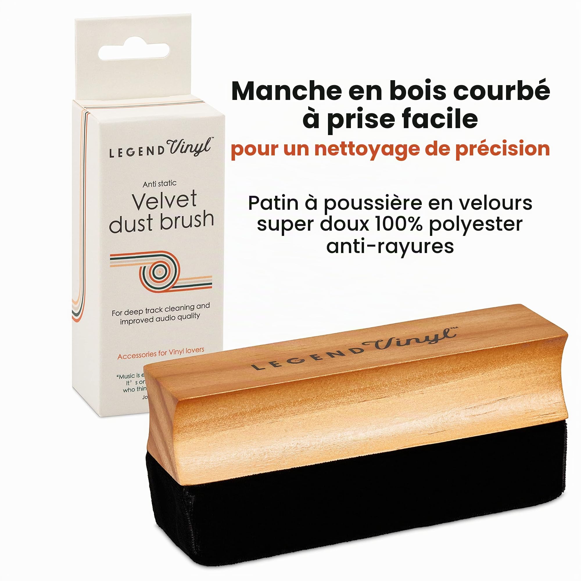 Brosse de nettoyage en vinyle avec manche en bois Antistatique pour un son optimal Longue durée sans plastique Noir LV3