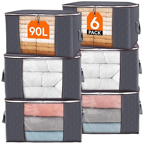 Lifewit 90L Large Capacity Clothes Storage Bags Organizer with Reinforced Handle, Foldable Clothing Storage for Comforters, Blankets, Bedding, with Sturdy Zipper, Clear Window, 6 Pack, Grey - 6 - 90L