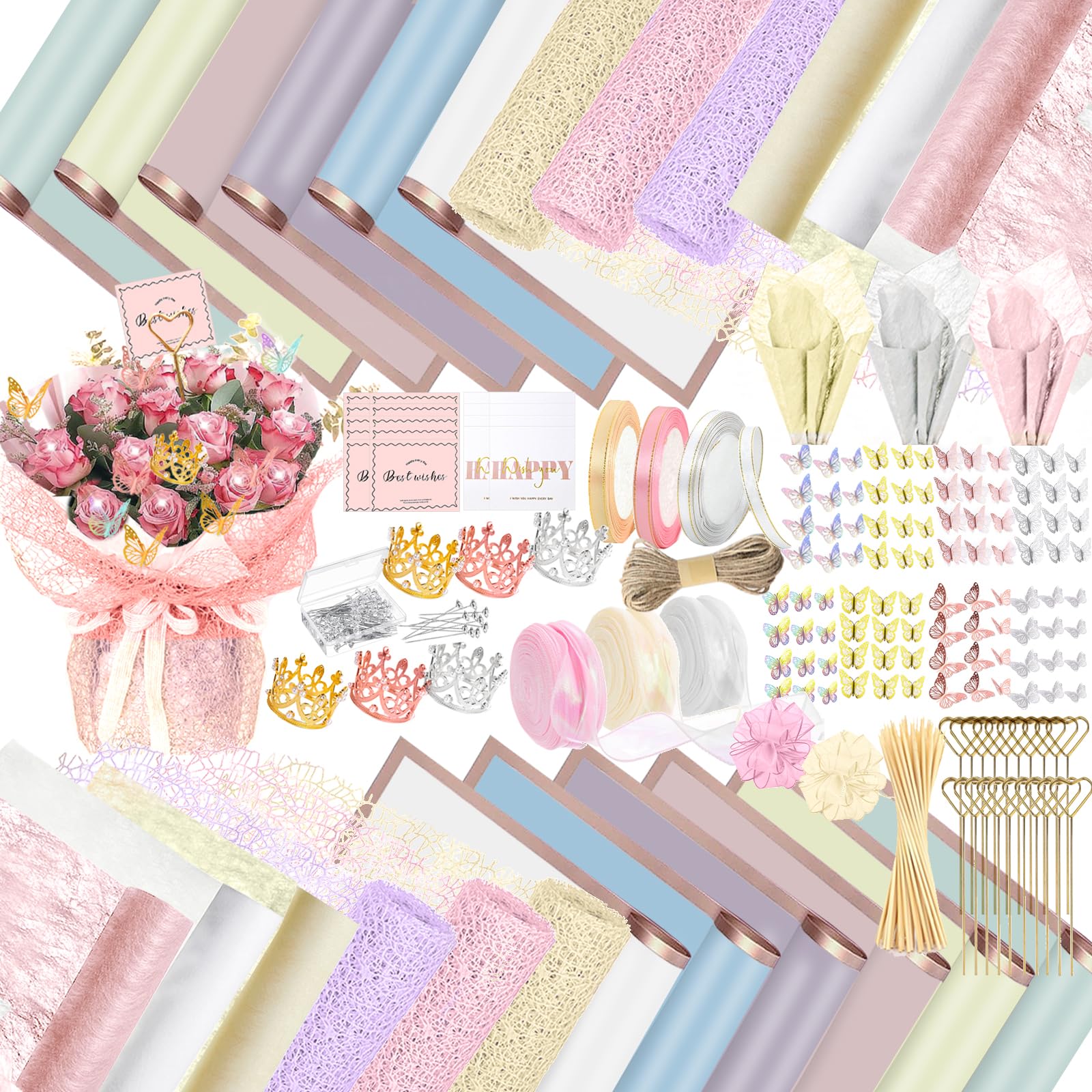 512Pcs Flower Wrapping Paper Kit with 120 Sheets Waterproof Floral Wrapping Paper 3D Butterfly Decor Crowns,Bouquet Pins Ribbons,DIY Crafts for Mother's Day Valentines Graduation Birthday Gift