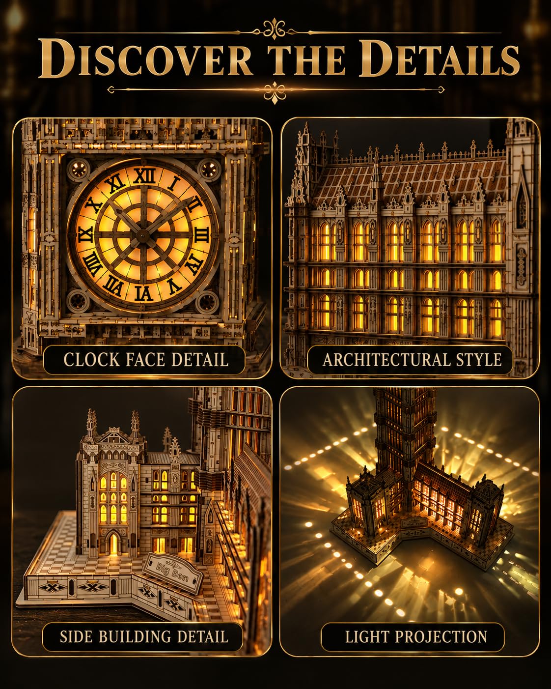 3D Holzpuzzle für Erwachsene, Big Ben Architekturmodell mit LED | Detailreiches Wahrzeichen Londons, warme LED-Beleuchtung, 595 Bauteile, dekoratives Holzmodell, Geschenkidee