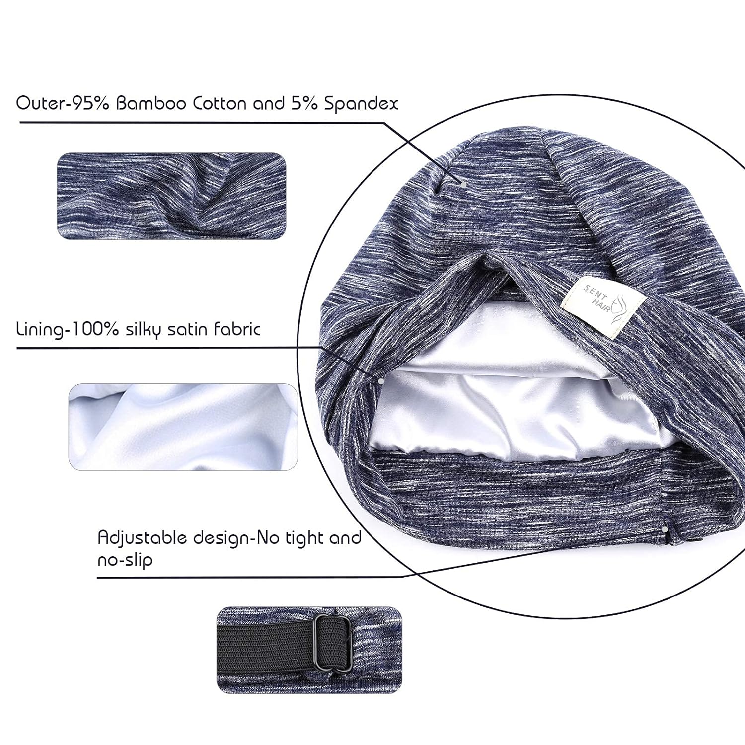 Silky Satin Lined Bonnet for Women Hair Cover Bonnet Sleep Cap Adjustable Slouchy Beanie for Long Curly Hair,Braids,Dreadlocks(Navy Blue)