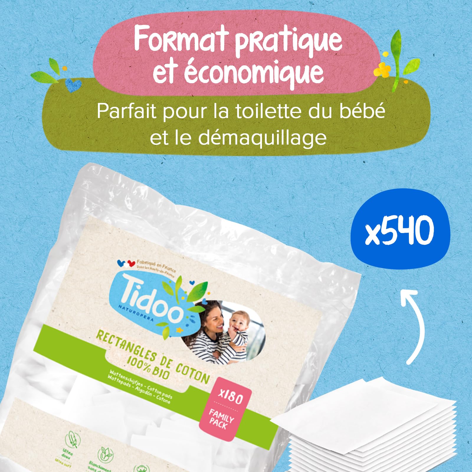 Tidoo - 1080 Coton Pads Bébé 100% Bio - Ultra Doux pour Peaux Sensibles - Change & Toilette - Fabriqués en France