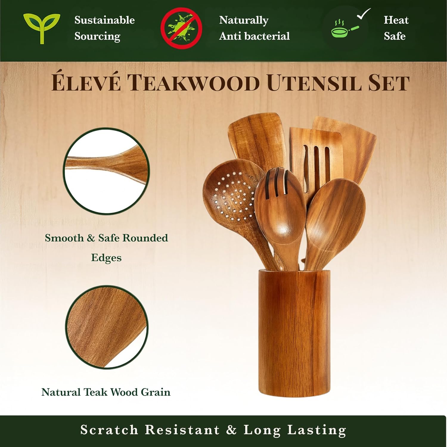 Natural Teak Wood Cooking & Serving Spoons Set (9-Piece) | Wooden Kitchen Utensils with Holder & Spoon Rest | Non-Stick Safe, Food-Grade, Durable & Elegant Cookware Tools - Image 8