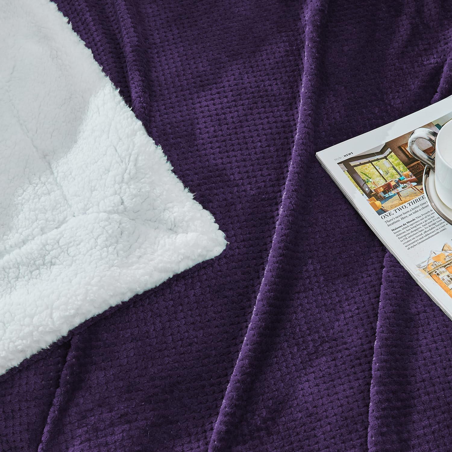 SOCHOW Waffle Sherpa Fleece Throw Blanket, Super Soft Fuzzy Warm, Lightweight Fluffy Reversible Plush Blanket for Bed Sofa Couch, 50 x 60 Inches Dark Purple - Image 4