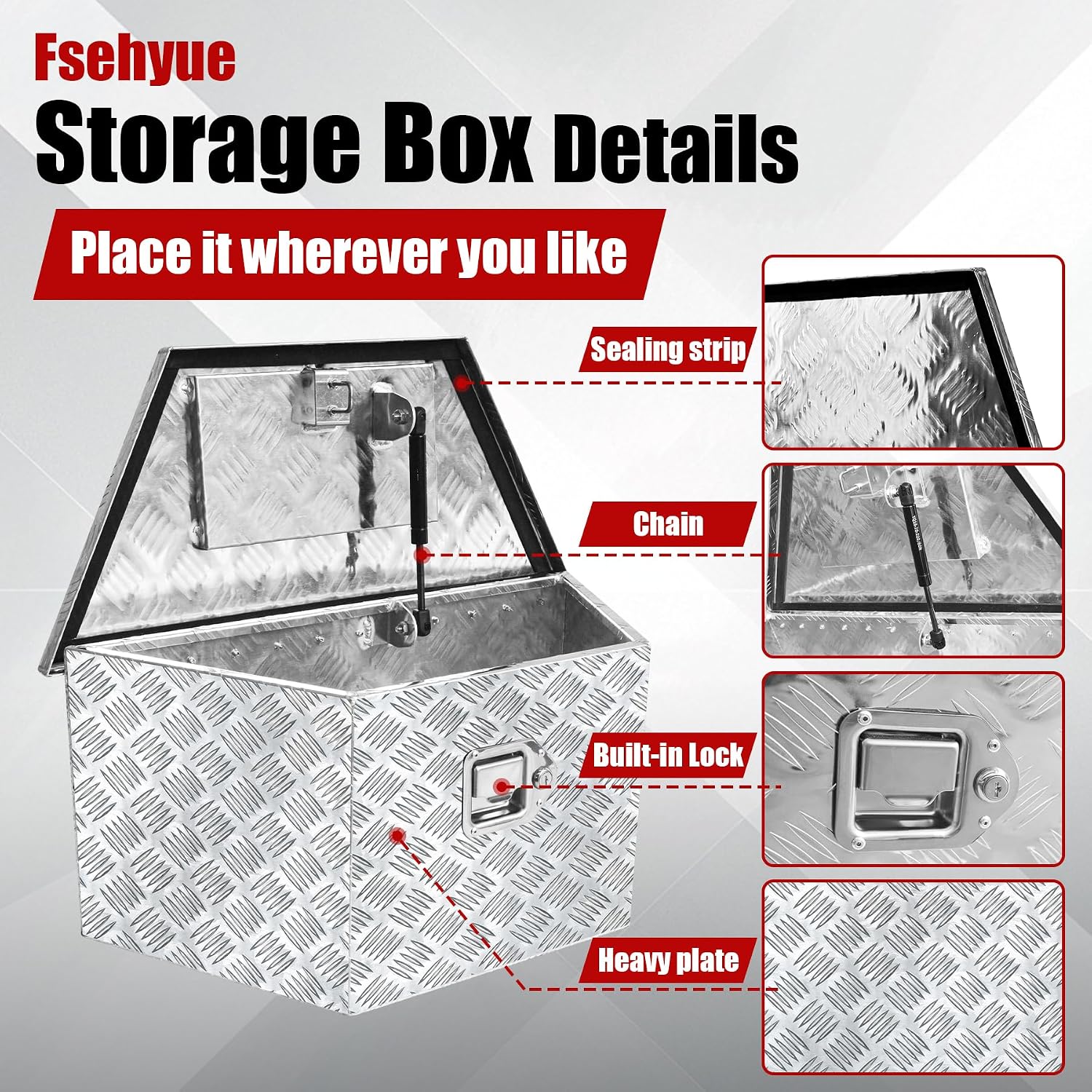 26x13.3x12 Inch Aluminum Trailer Tongue Tool Box Heavy Duty Storage Box 5 Bar Tread Pattern Toolboxes with Lock and Keys Suitable for Trailer RV