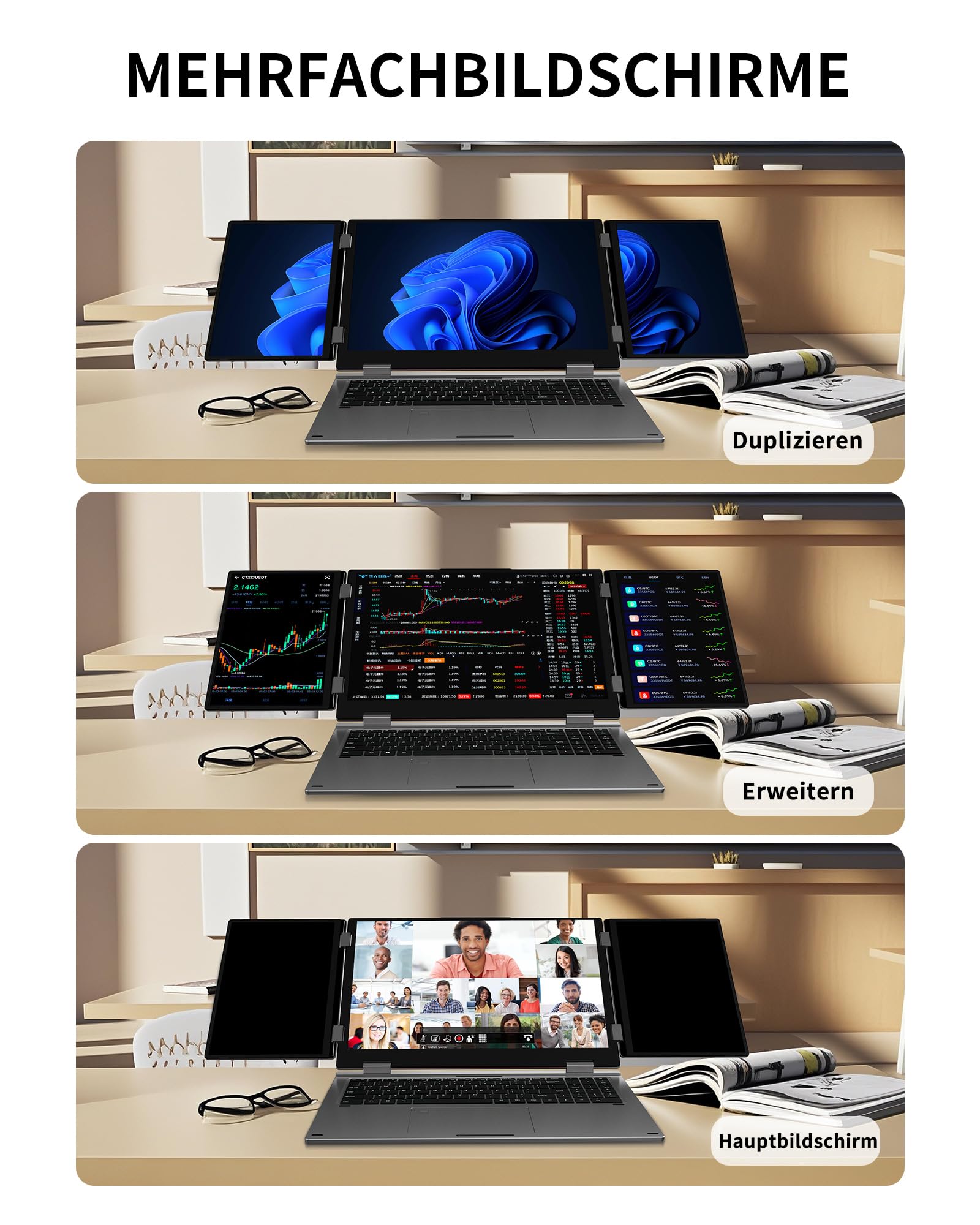 KOOFORWAY Laptop mit 3 Bildschirmen,16" Hauptdisplay+2x10,5",Core i7-1270P