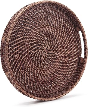 Round Rattan Woven Serving Tray with Handles Ottoman Tray for Breakfast, Drinks, Snack for Coffee Table, Home Decorative (11x1.6, Honey Brown)