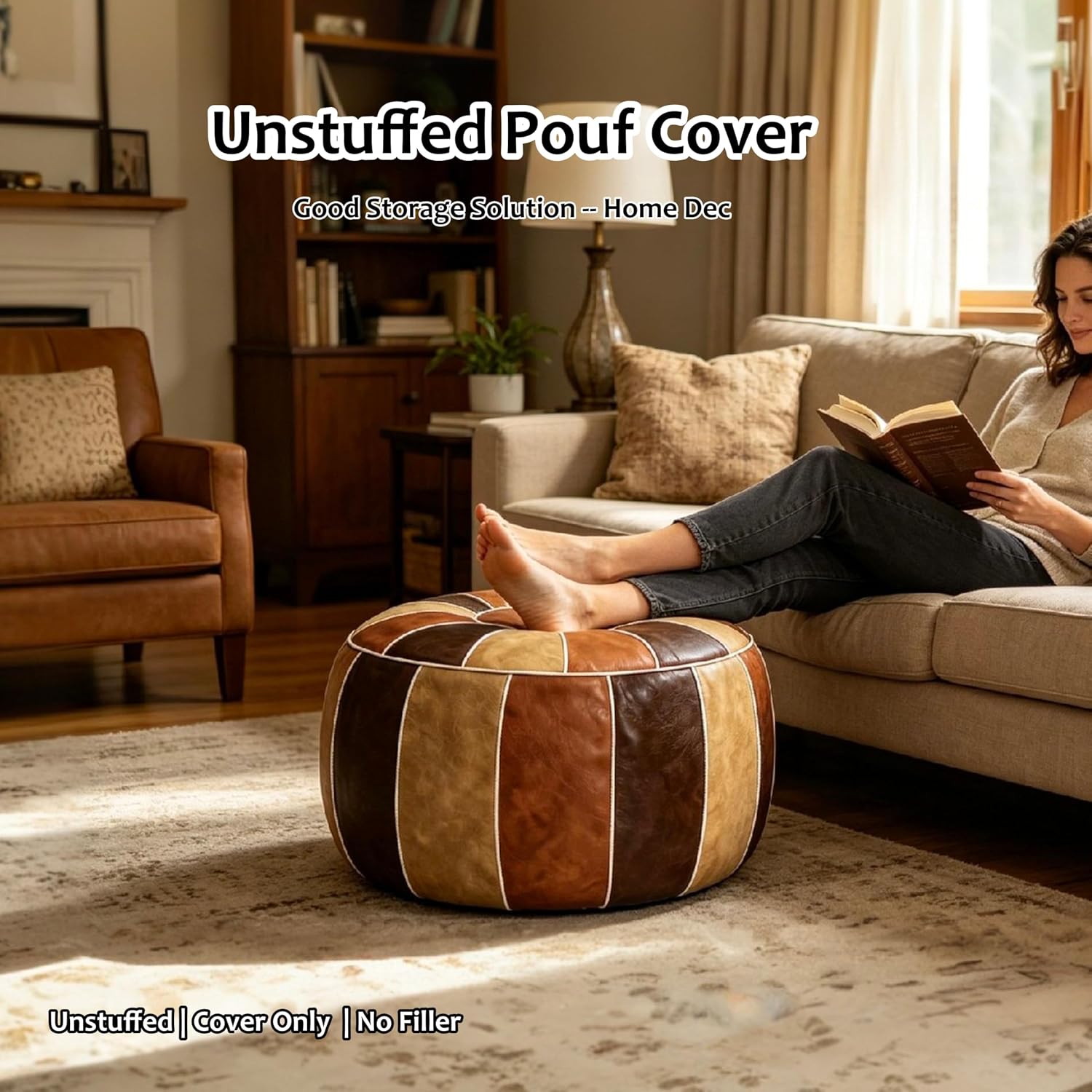 Thgonwid Unstuffed Moroccan Storage Pouf Foot Stool Ottoman Seat Handmade Faux Leather Bean Bag Floor Chair Foot Rest for Living Room, Bedroom or Balcony (Multi Color)
