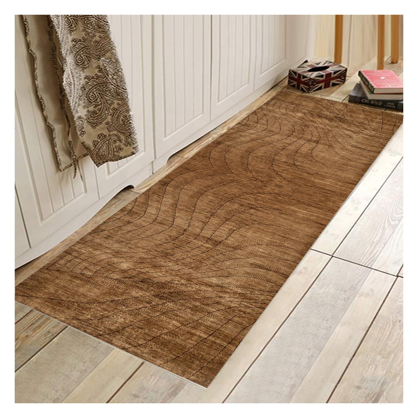 Teppich Läufer Flur rutschfest 70X200cm Küchenteppich Abstrakt Braun Waschbar Meterware Schlafzimmer Korridor Teppichläufer Lang, Länge Anpassbare, 40/50/ 60/70/ 80/100/ 120/ 140cm Breit