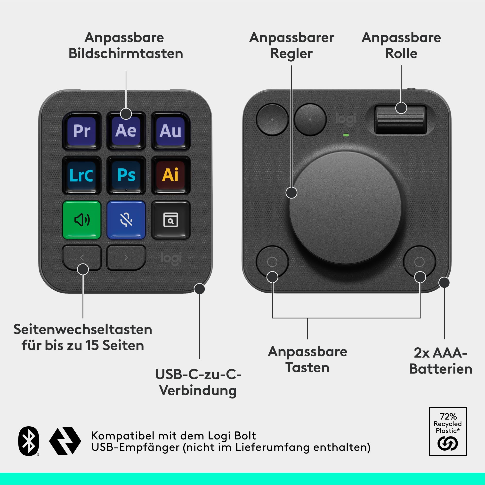 Logitech MX Creative Console, Programmierbares Tastenfeld | 9 anpassbare LCD-Tasten & Regler für Grafikdesign, Videobearbeitung, Fotografie, Adobe, Zoom, Spotify - Graphit