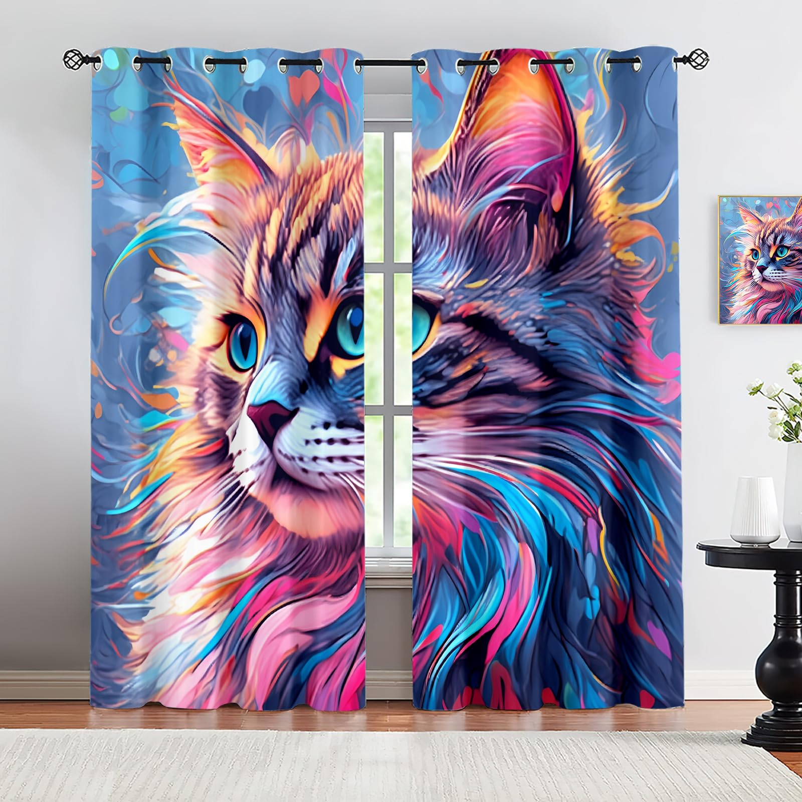 HYGIUID Colorful Cat Blackout Curtains for Bedroom, Abstract Art Cat Portrait Thermal Curtains Curtains Blackout for School Classroom Nursery Dormitory, 46.1" x 63", 2 Panels โ image 1