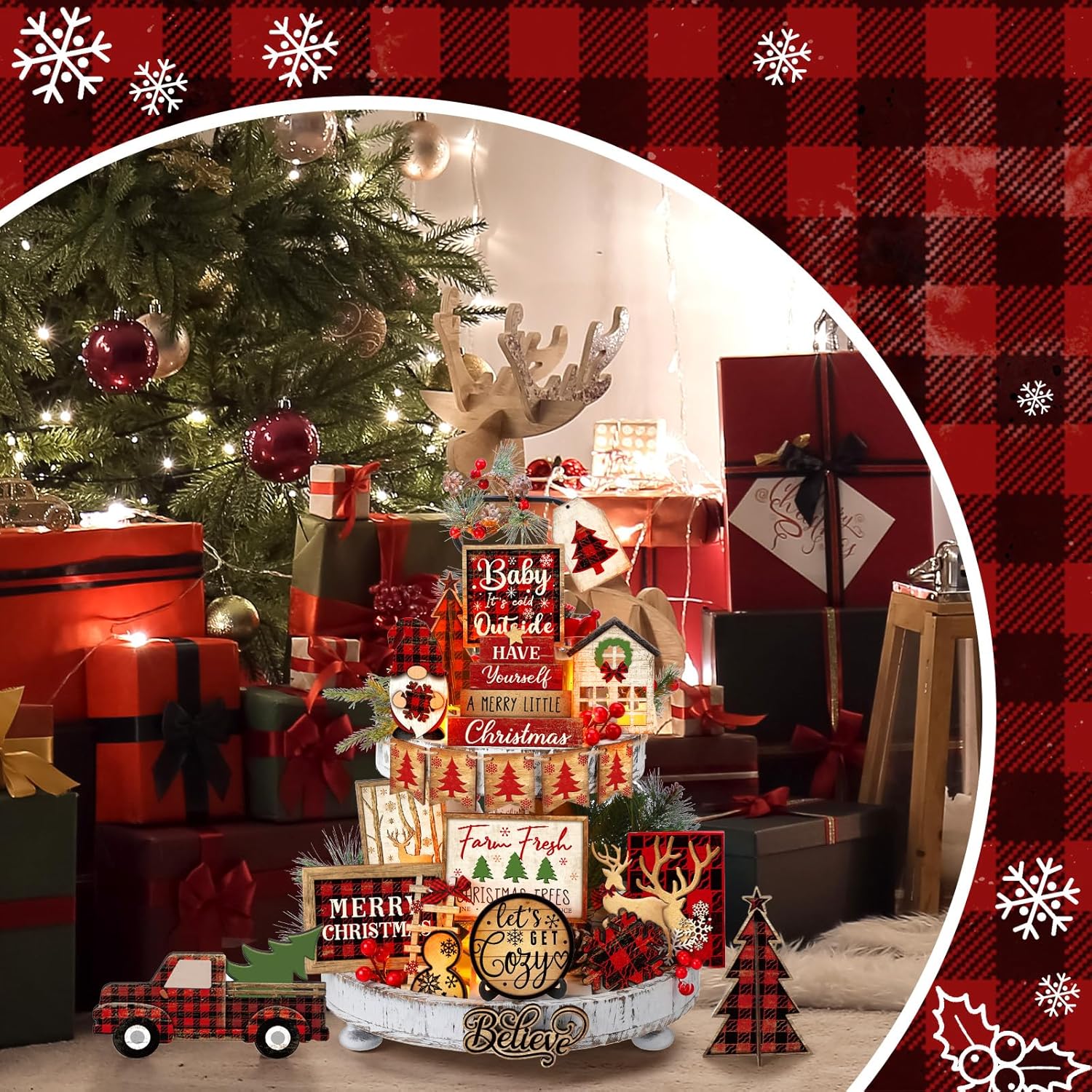 Shellwei 24 Pcs Christmas Tiered Tray Decor Wood Rustic Christmas Decoration for Home Table Shelf Winter Farmhouse Decor Xmas Trees Gnome Elk Snowflake Signs (Buffalo Plaid) - Image 6