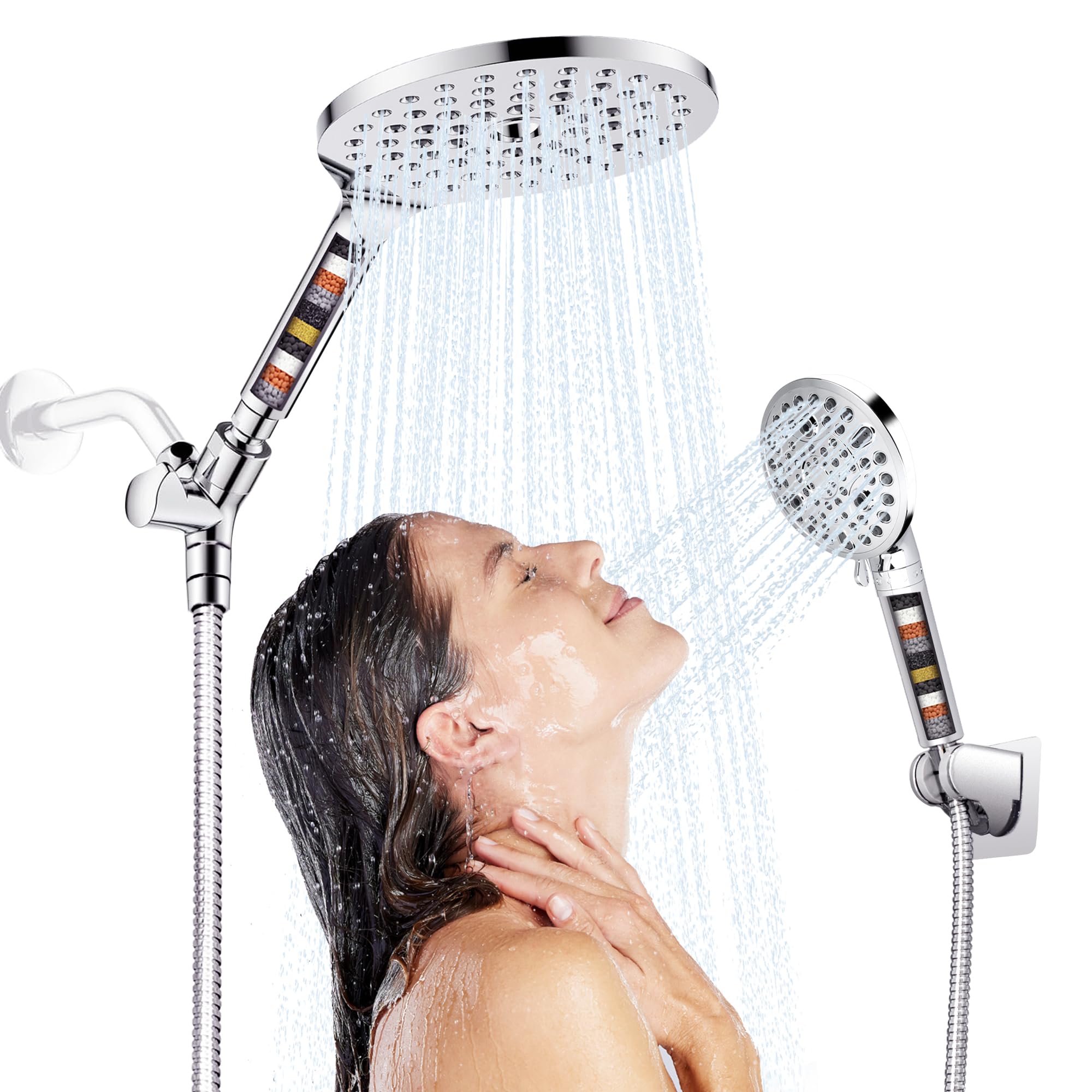 Soffione doccia a pioggia da 19,1 cm con combinazione portatile da 12,7 cm, tubo SS da 177,8 cm, 10 modalità di utilizzo, con filtro dell'acqua a 2 stadi per bagno, anti-intasamento e potente
