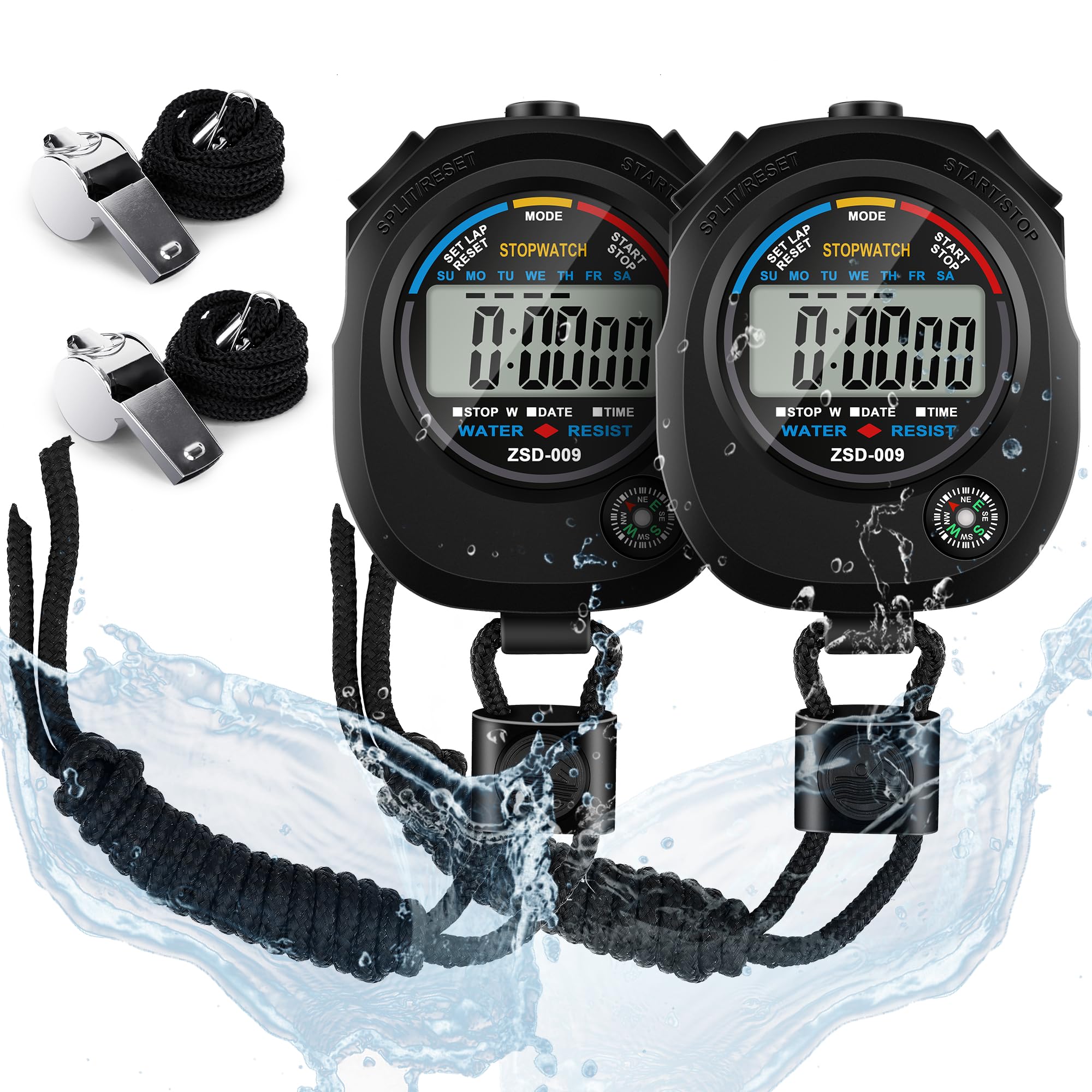 2 Pack Digital Stop watch Timer with 2 Whistle Set | Waterproof Stopwatch with Large Display Date, Time & Alarm | Sports Stopwatch for Swimming, Running and Fitness | Perfect for Coaches | Black