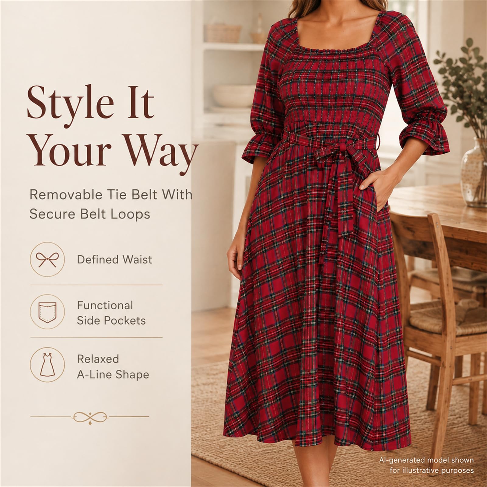 Robe midi Femme à Encolure carrée, smockée Ceinture Coupe trapèze et Poches | Robe midi trapèze à carreaux rouges, encolure carrée, smocks, ceinture à nouer poches latérales, manches bouffantes à volants