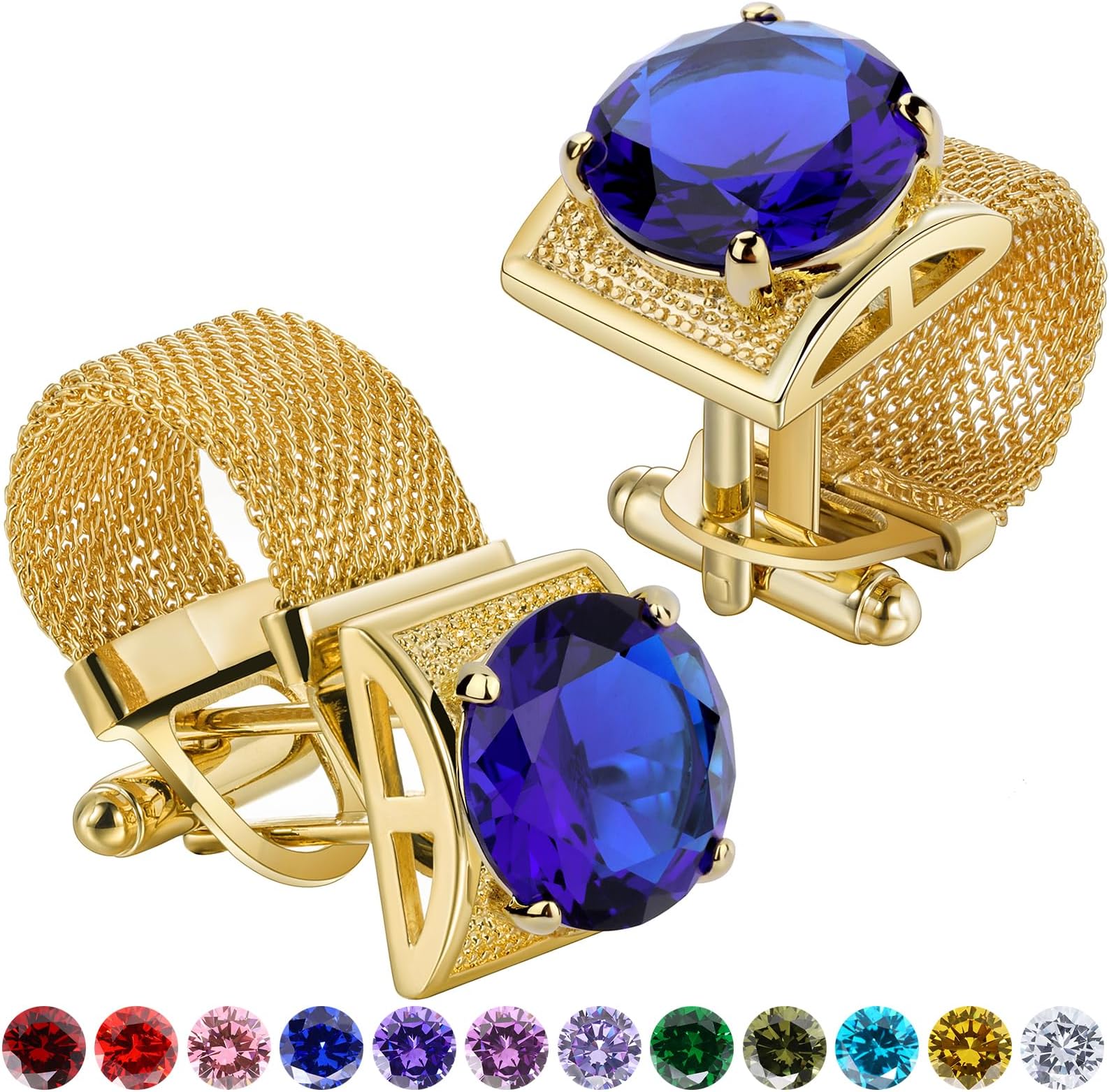 Cufflinks for Men with Chain - Birthstone and Shiny Gold Tone Shirt Accessories - Birthday Christmas Gifts for Men.