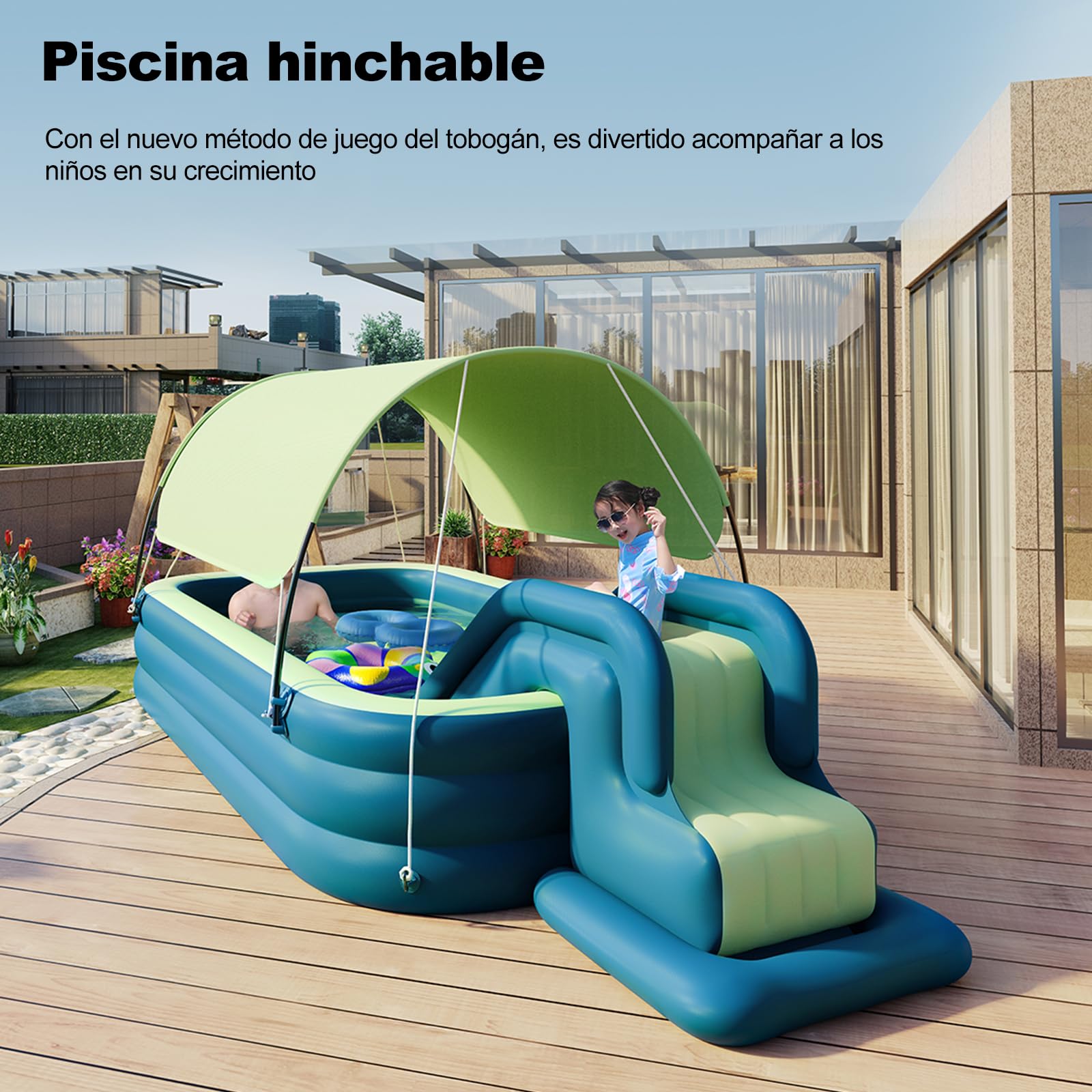 Ergocar Piscina Infantil Hinchable, Piscina Rectangular con Tobogán y Toldo, Piscina para Fiesta AcuáTica De Verano para Niños, Adultos, Familias