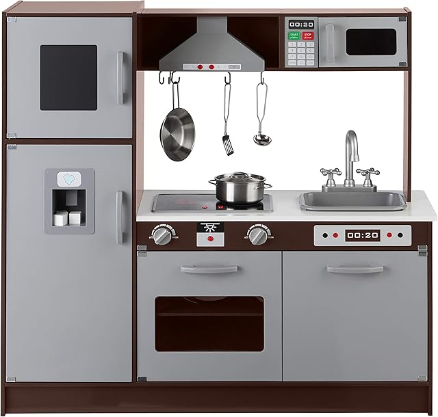 Amazon Basics Kids Wooden Upright Kitchen Playset with Interactive Doors, Knobs and Lights - 99 x 30 x 98 cm, Espresso/Grey