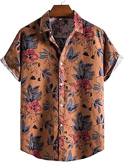 [Byrotson] メンズカジュアルハワイアンシャツ、フローラルプリントトロピカルアロハビーチシャツボタンダウン半袖シャツ、マルチカラー